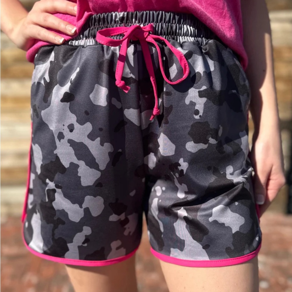 Camouflage Athletic Shorts with Pink Trim